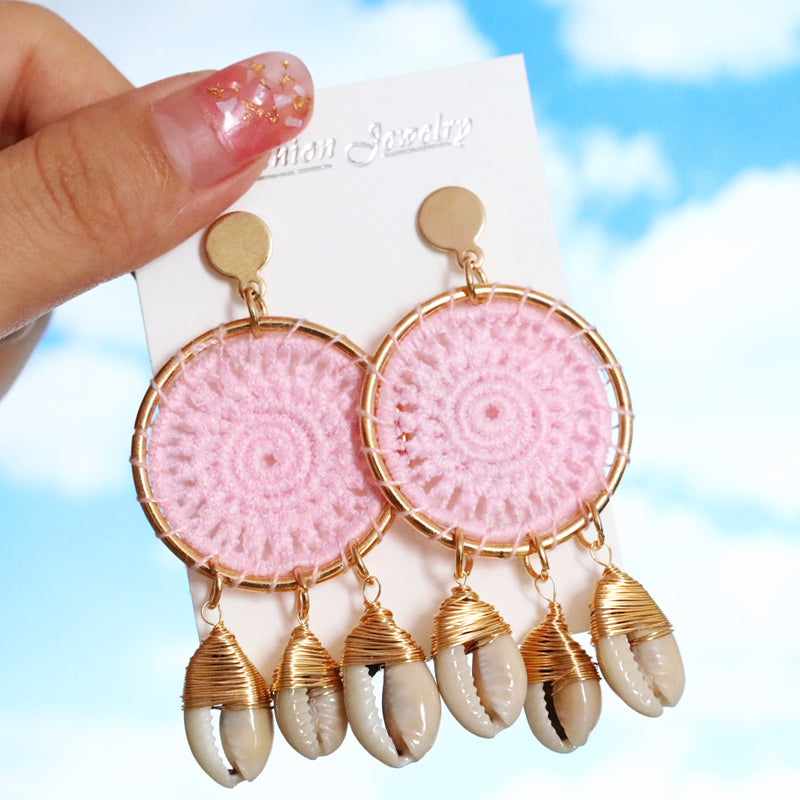 Trendy Seashells Gold Pink Earrings For Women - Round