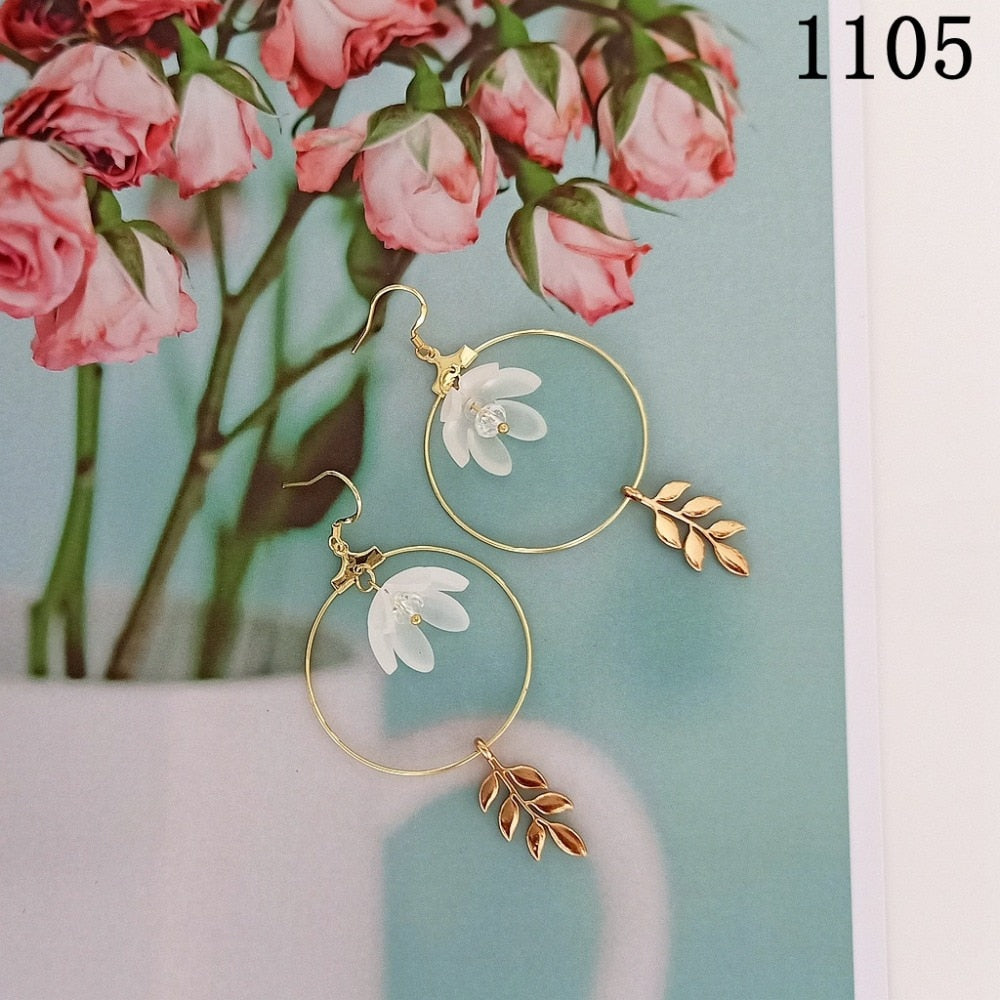 White Floral Hoop Leaf Earrings For Women - Trendy